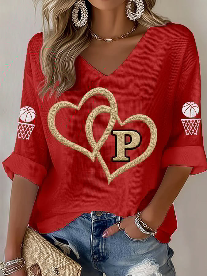 Women's Basketball Print V Neck T-shirt