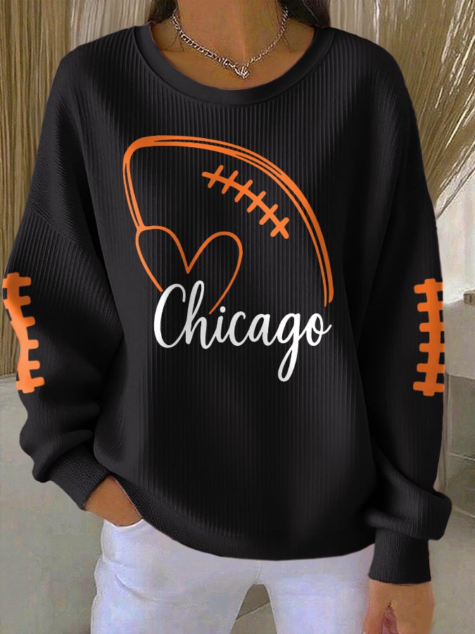 Women's Rugby Print Knit Crew Neck Long-Sleeved Top