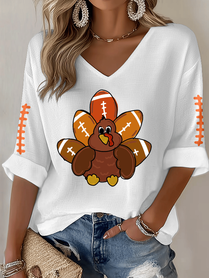 Women's Football Print Waffle Long Sleeve T-Shirt