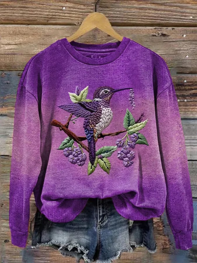 Women's Purple Gradient Hummingbird Floral Print Casual Sweatshirt