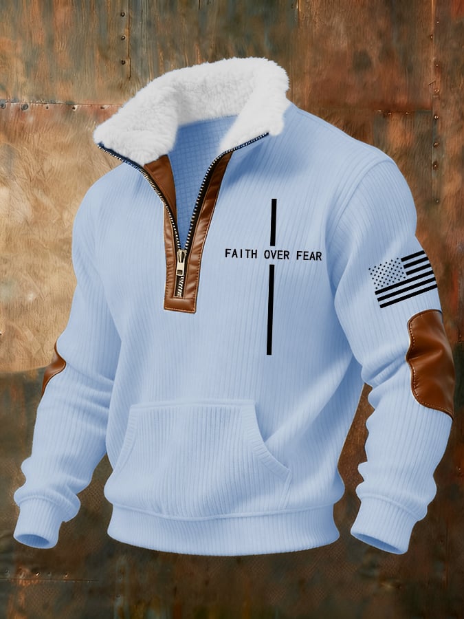 Men's Retro Faith Cross Print Zipper Fur Collar Long Sleeve Sweatshirt