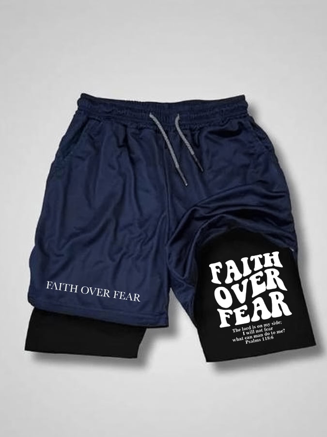 🔥Buy 3 Get 15% Off🔥Men'S Faith Over Fear Print Double Layer Shorts (With Pockets)
