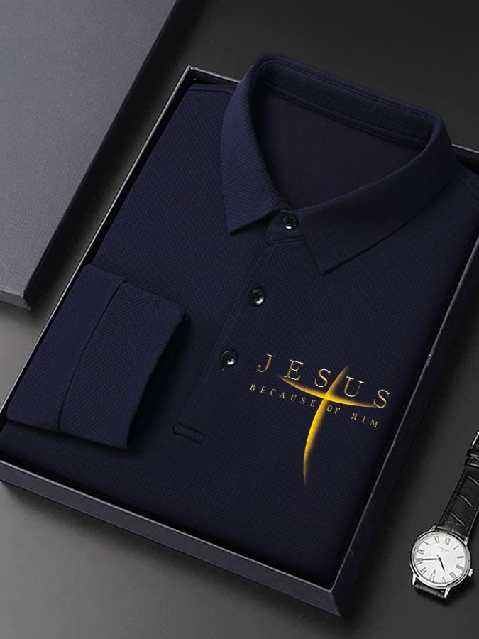 🔥Buy 3 Get 15% Off🔥Men's Vintage Faith “Jesus Because Of Him” Long Sleeves Polo Shirt