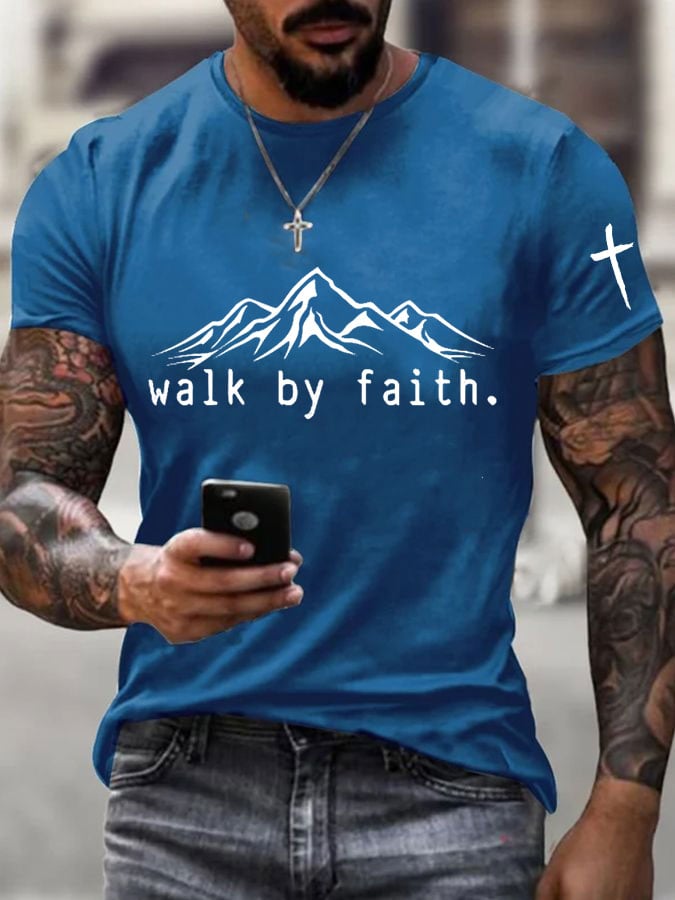 🔥Buy 3 Get 15% Off🔥Men's Walk By Faith Cross Printed Casual T-shirt