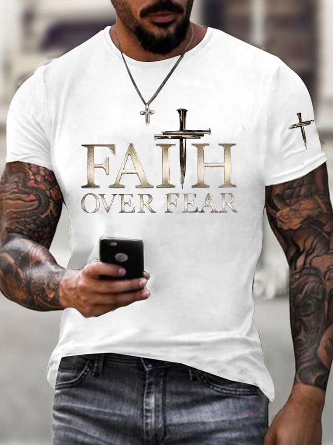 🔥Buy 3 Get 15% Off🔥🔥Hot Sale Picks 🔥Men's Faith Over Fear Cross Print T-shirt