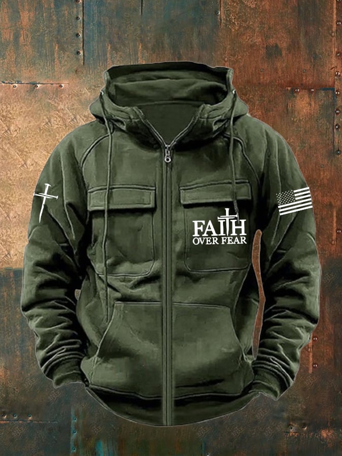 🔥Buy 3 Get 15% Off🔥Men's Faith Over Fear Print Multi-Pocket Jacket
