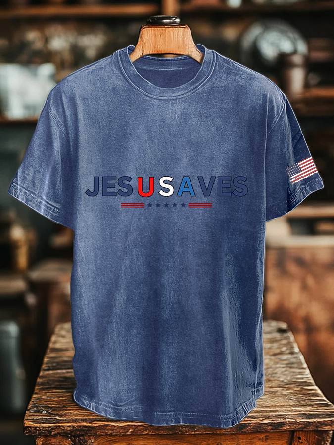 🔥Buy 3 Get 15% Off🔥Men's Vintage USA Jesus Saves Printed Round Neck T-Shirt