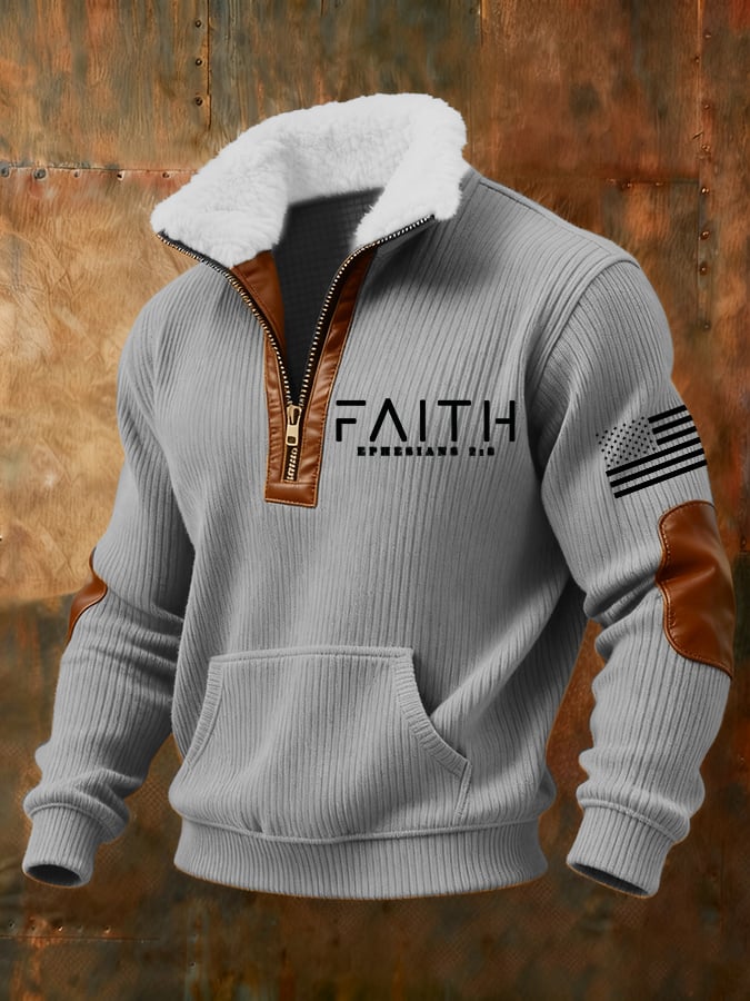 Men's Retro Faith Cross Print Zipper Fur Collar Long Sleeve Sweatshirt