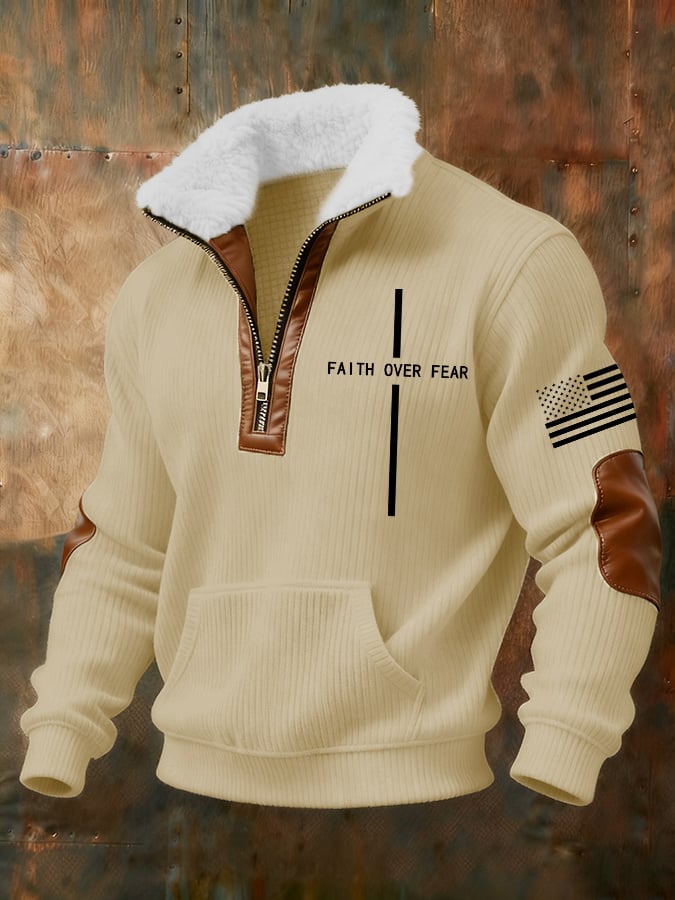 Men's Retro Faith Cross Print Zipper Fur Collar Long Sleeve Sweatshirt