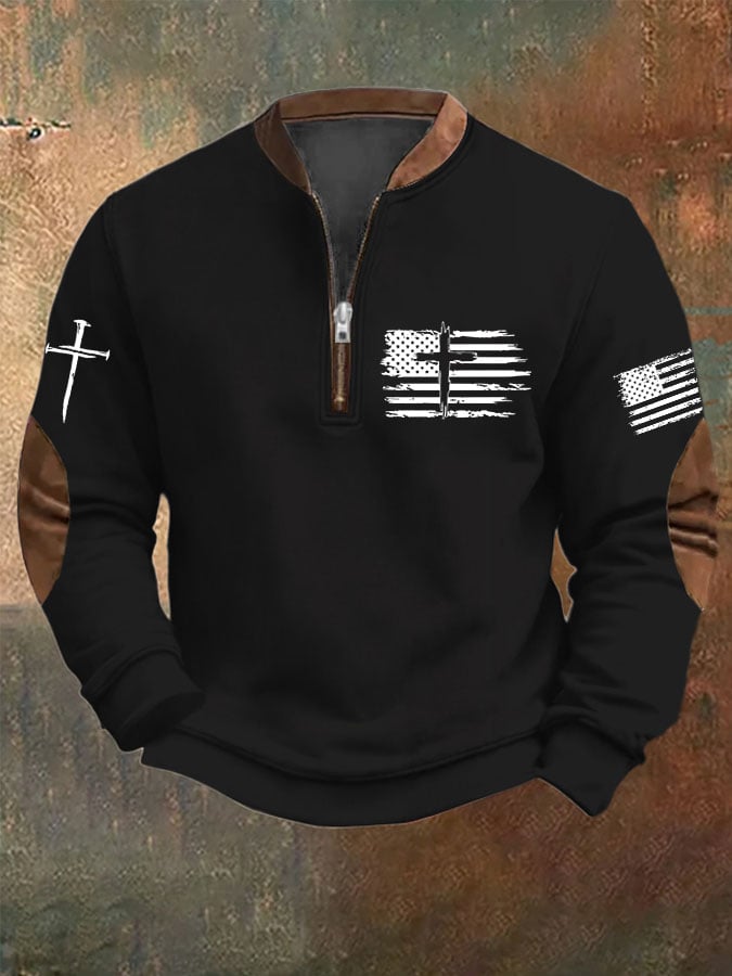 Men's Flag Cross Printed Zip Collar Sweatshirt