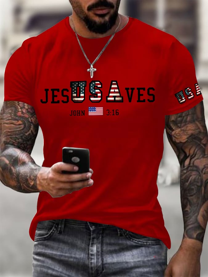 🔥Buy 3 Get 15% Off🔥Men's Vintage USA Jesus Saves Printed Round Neck T-Shirt