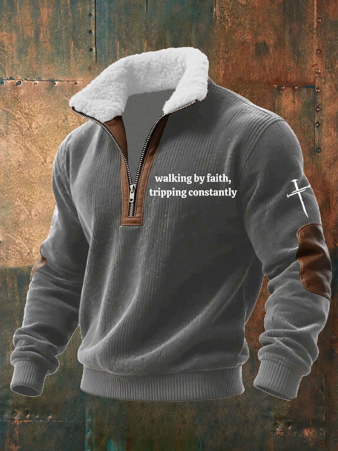 Men's Walking by Faith Tripping Constantly Printed Knitted Fabric Zipper Fur Collar Sweatshirt