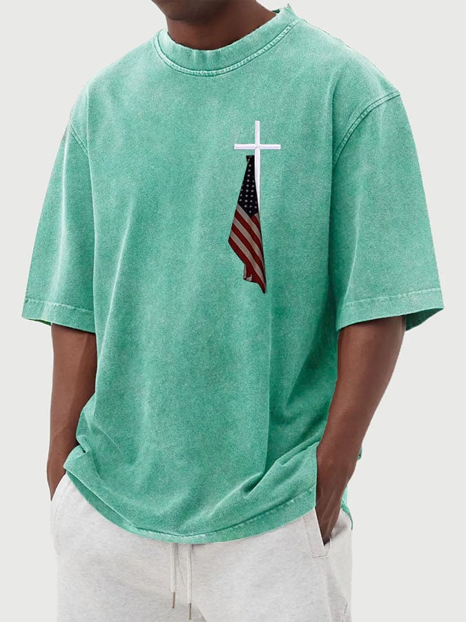 🔥Buy 3 Get 15% Off🔥Men's Vintage Flag Cross Print Cotton Washed T-Shirt