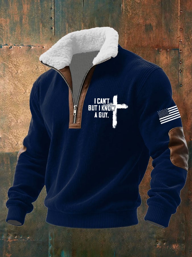Men's I Can't But I Know A Guy Printed Knitted Fabric Zipper Fur Collar Long-Sleeved Sweatshirt