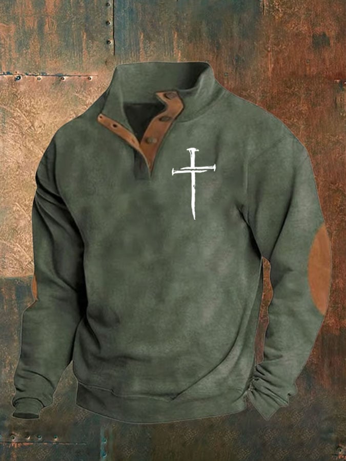 🔥Buy 3 Get 15% Off🔥Men's Faith Cross Printed Stand Collar Button Sweatshirt