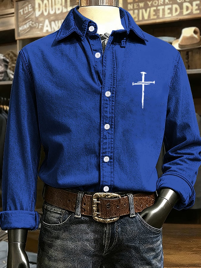 🔥Buy 3 Get 15% Off🔥Men's Vintage Faith Cross Design Printed Long Sleeve Casual Shirt