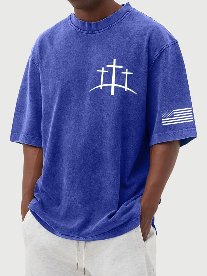 🔥Buy 3 Get 15% Off🔥Men's Flag Faith Cross Printed Cotton Washed T-Shirt