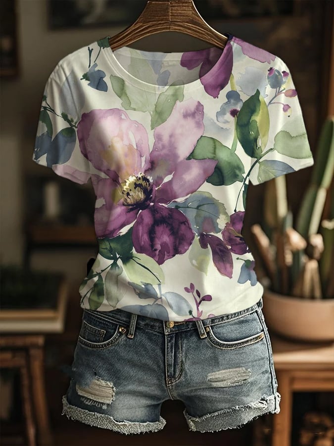 Women's Art Design Printed Round Neck T-Shirt