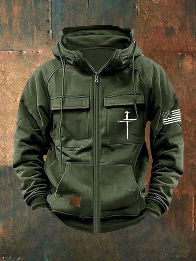 Men's Vintage Faith Cross Print Multi-Pocket Jacket