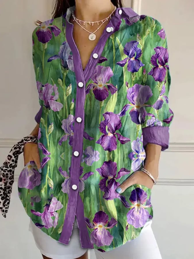 Women's Purple Floral Art Print Lapel Shirt