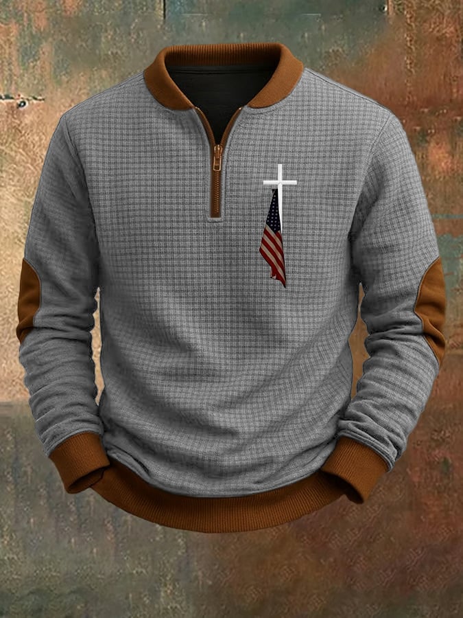 Men's Cross Flag Print Design Jacquard Fabric Zipper Stand Collar Sweatshirt