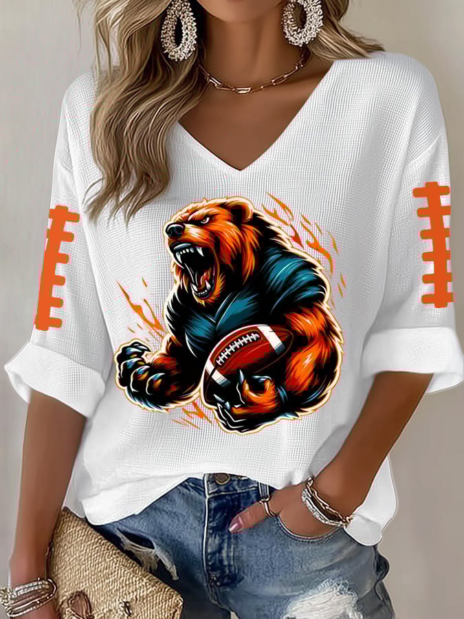 Women's Football Print Waffle Long Sleeve T-Shirt