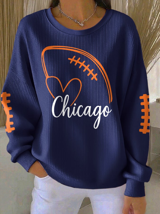 Women's Rugby Print Knit Crew Neck Long-Sleeved Top