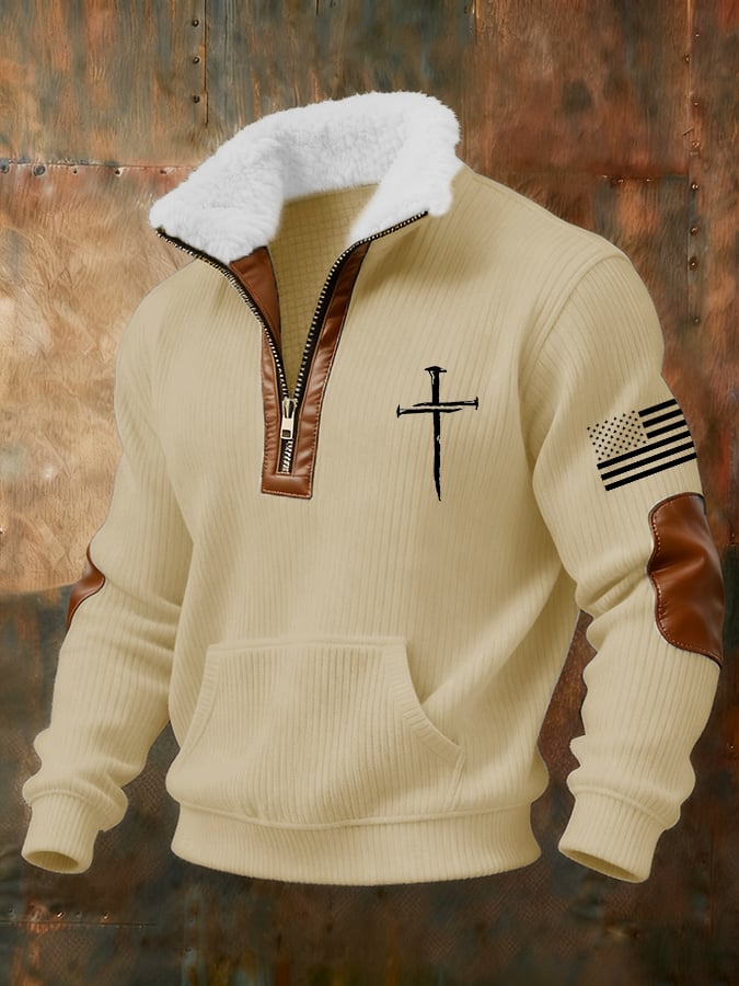 Men's Retro Faith Cross Print Zipper Fur Collar Long Sleeve Sweatshirt