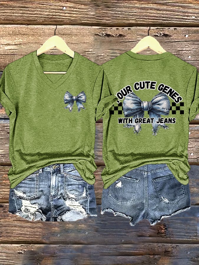 V-Neck Retro Your Cute Genes With Great Jeans Print T-Shirt