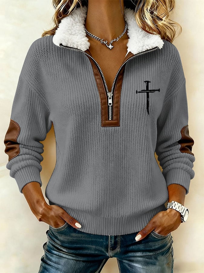 Women's Casual Retro Faith Print Patchwork Fur Collar Long-Sleeve Sweatshirt