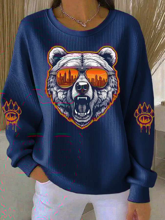 Women's Football Print Knitted Crew Neck Long Sleeve Top