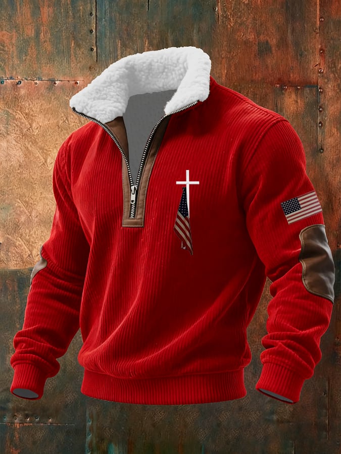 Men's Faith Print Knitted Fabric Zipper Fur Collar Long-Sleeved Sweatshirt