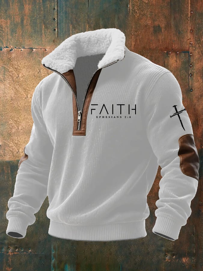 Men's Faith Print Knitted Fabric Zipper Fur Collar Long-Sleeved Sweatshirt