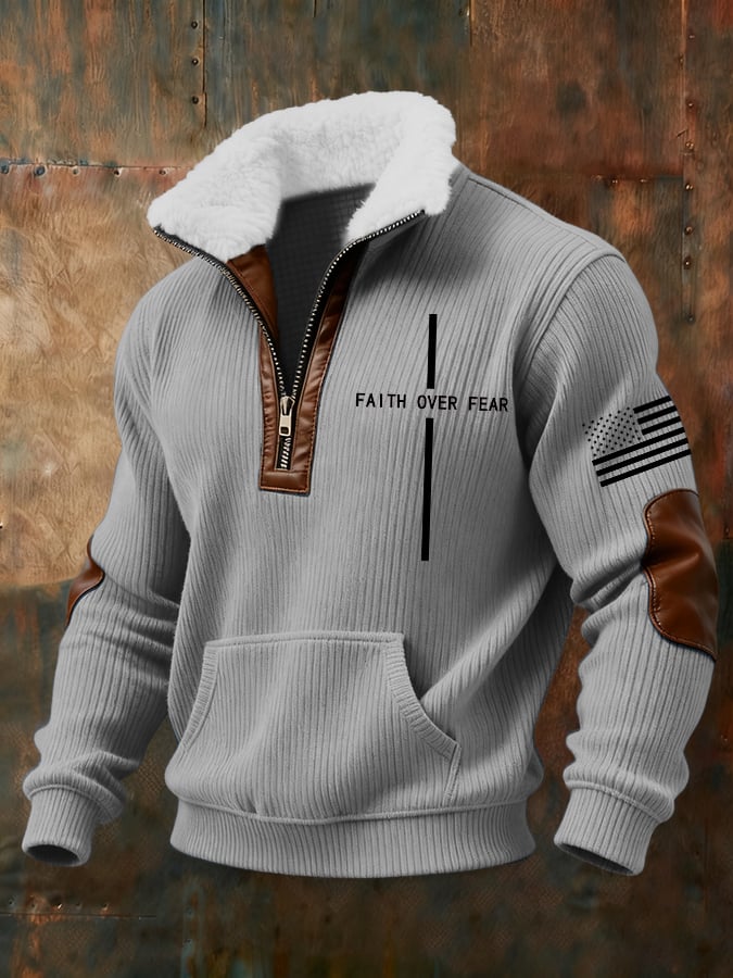 Men's Retro Faith Cross Print Zipper Fur Collar Long Sleeve Sweatshirt