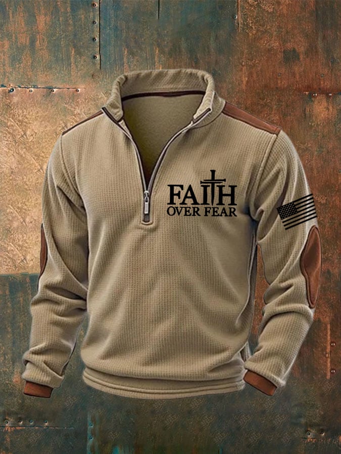 🔥Buy 3 Get 15% Off🔥Men's Faith Over Fear Print Zipper Stand Collar Sweatshirt