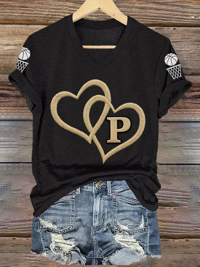 Women's Basketball Print V Neck T-shirt