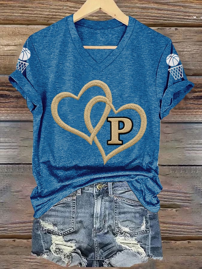 Women's Basketball Print V Neck T-shirt
