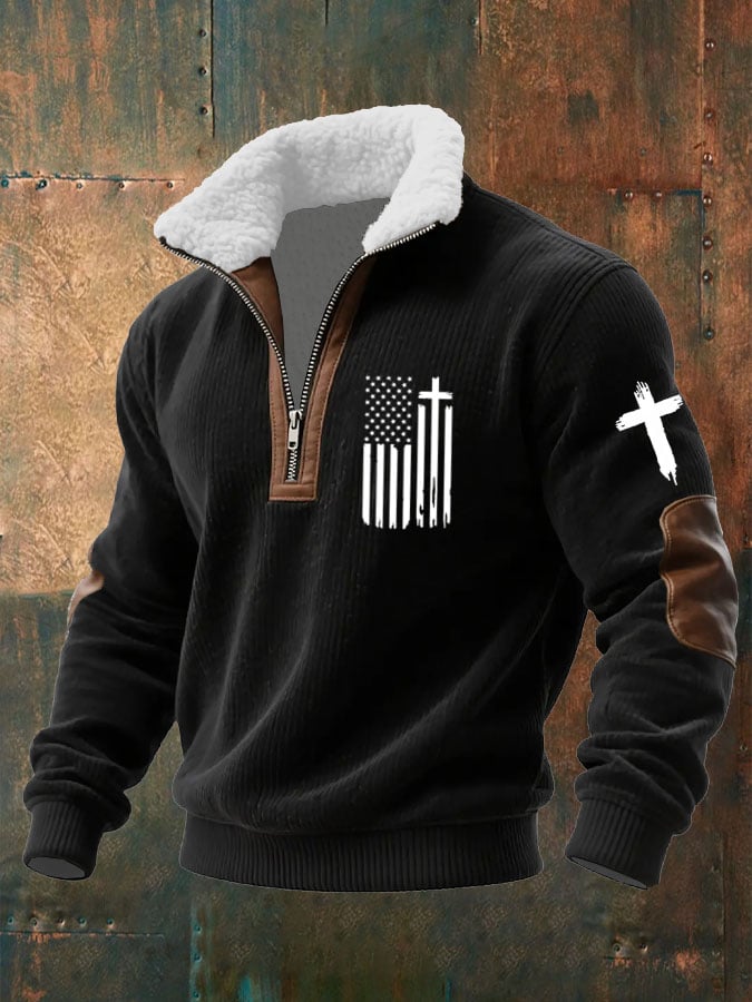 Men's Flag Cross Printed Knitted Fabric Zipper Fur Collar Sweatshirt