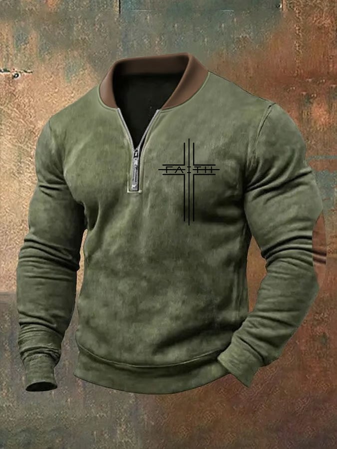 🔥Buy 3 Get 15% Off🔥Men's Faith Cross Print Zipper Neck Casual Sweatshirt