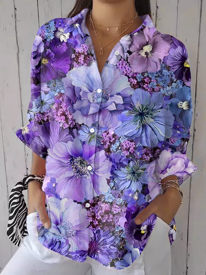 Women's vintage purple floral art print lapel shirt