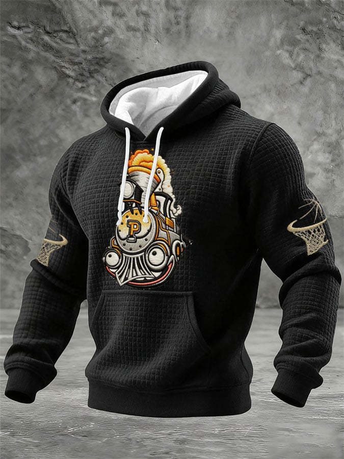 Men's Basketball Print Checkered Fabric Hooded Sweatshirt