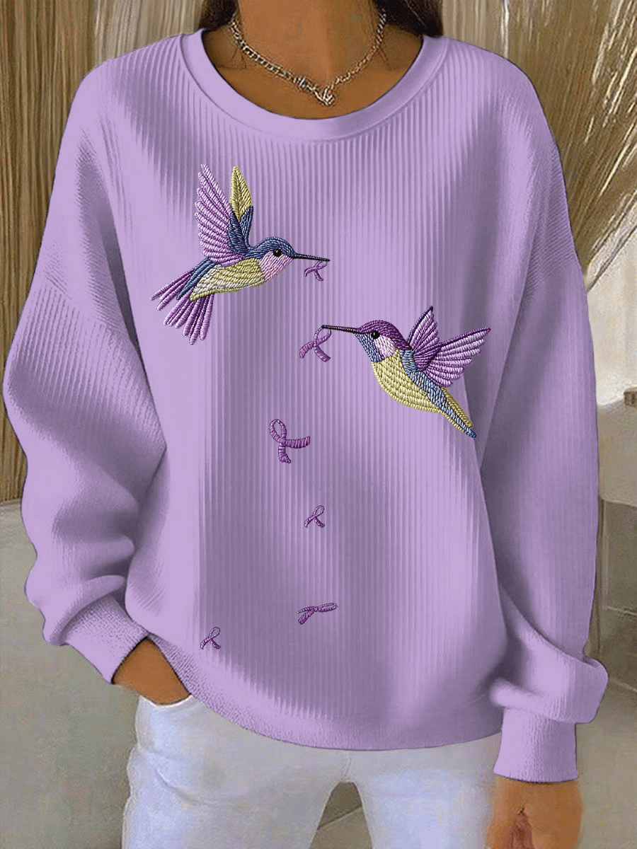 Women's Alzheimer's Awareness Art Hummingbird Purple Ribbon Print Sweatshirt