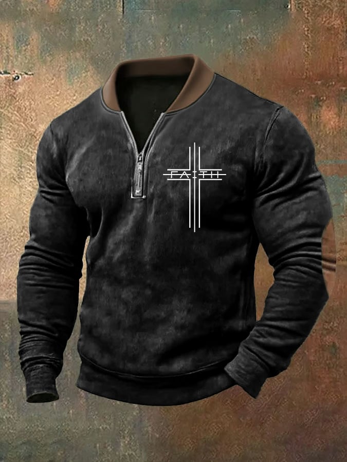🔥Buy 3 Get 15% Off🔥Men's Faith Cross Print Zipper Neck Casual Sweatshirt