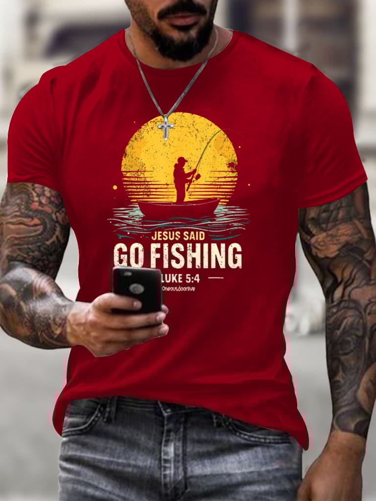 Men's Jesus Said Go Fishing Printed Casual T-shirt