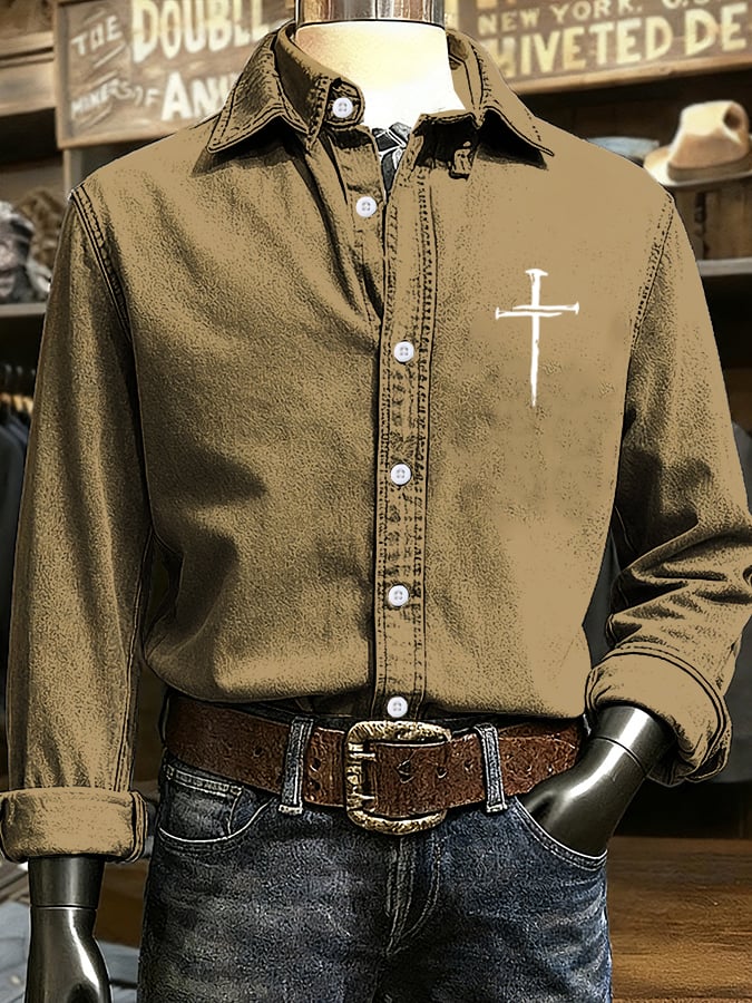 🔥Buy 3 Get 15% Off🔥Men's Vintage Faith Cross Design Printed Long Sleeve Casual Shirt