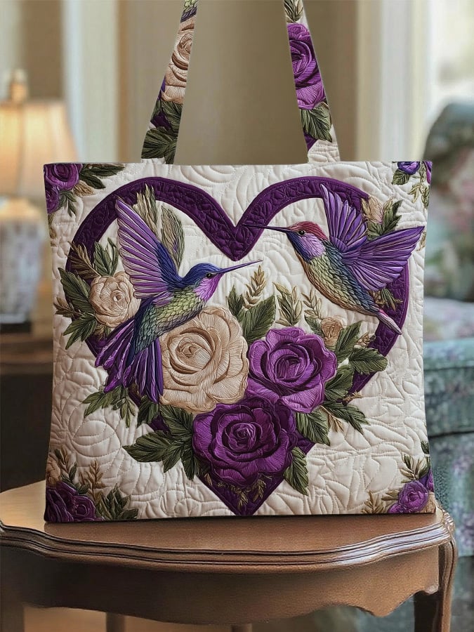Women's Casual Hummingbird Purple Floral Print Tote Bag