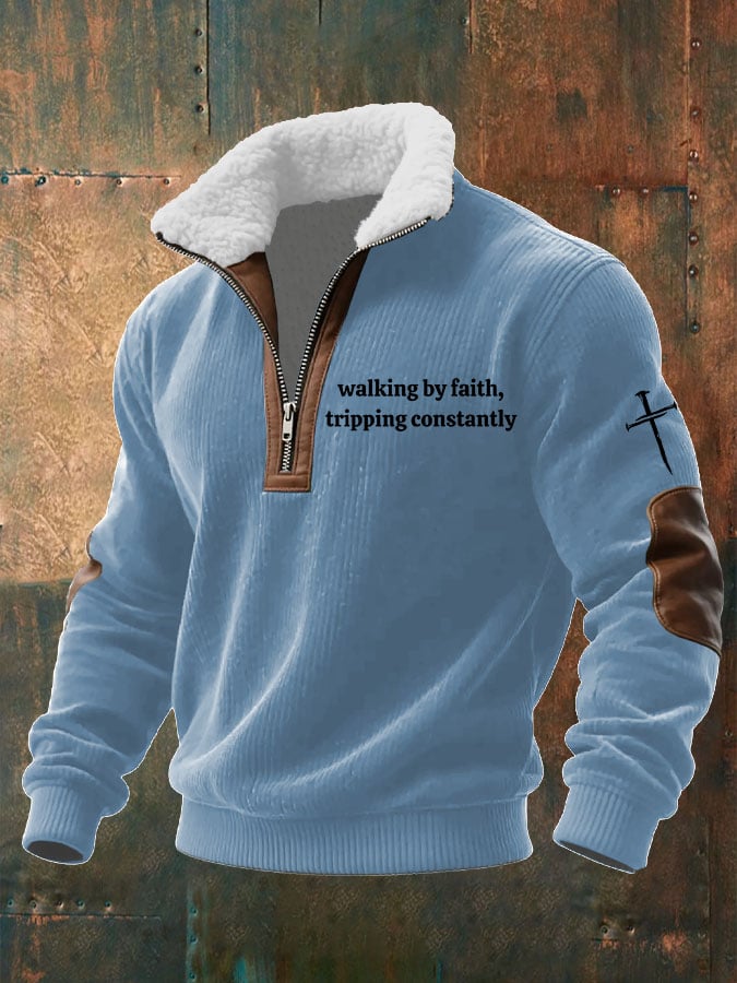 Men's Walking by Faith Tripping Constantly Printed Knitted Fabric Zipper Fur Collar Sweatshirt