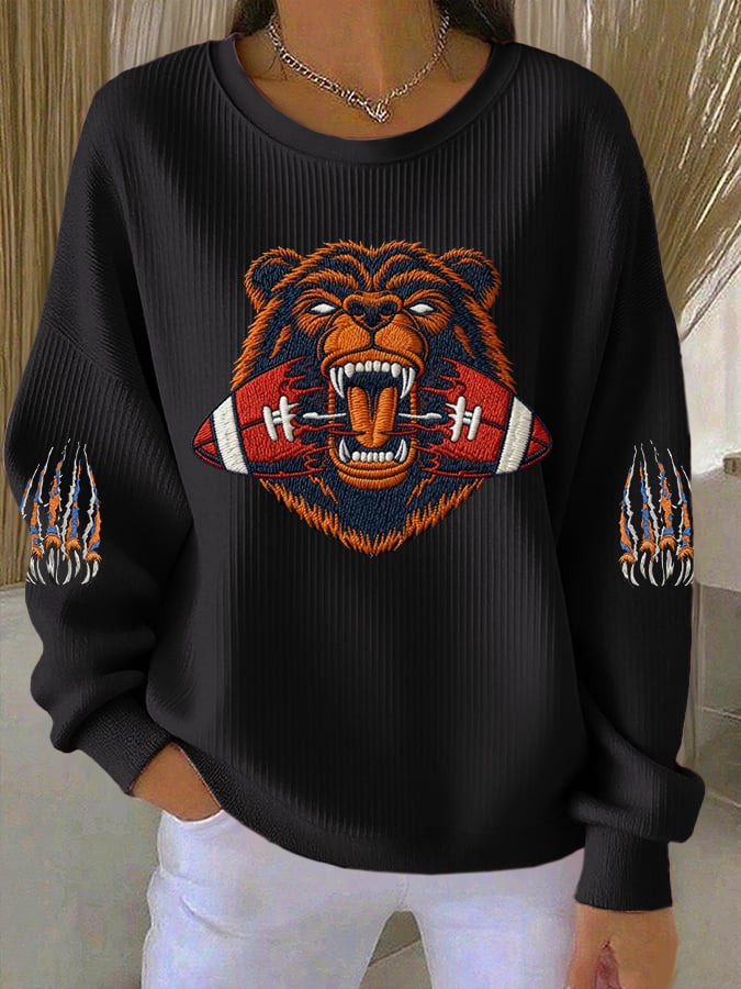 Women's Football Print Knit Crew Neck Long Sleeve Top