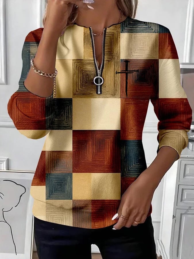 Women's Cross Print Zipper Neck Sweatshirt