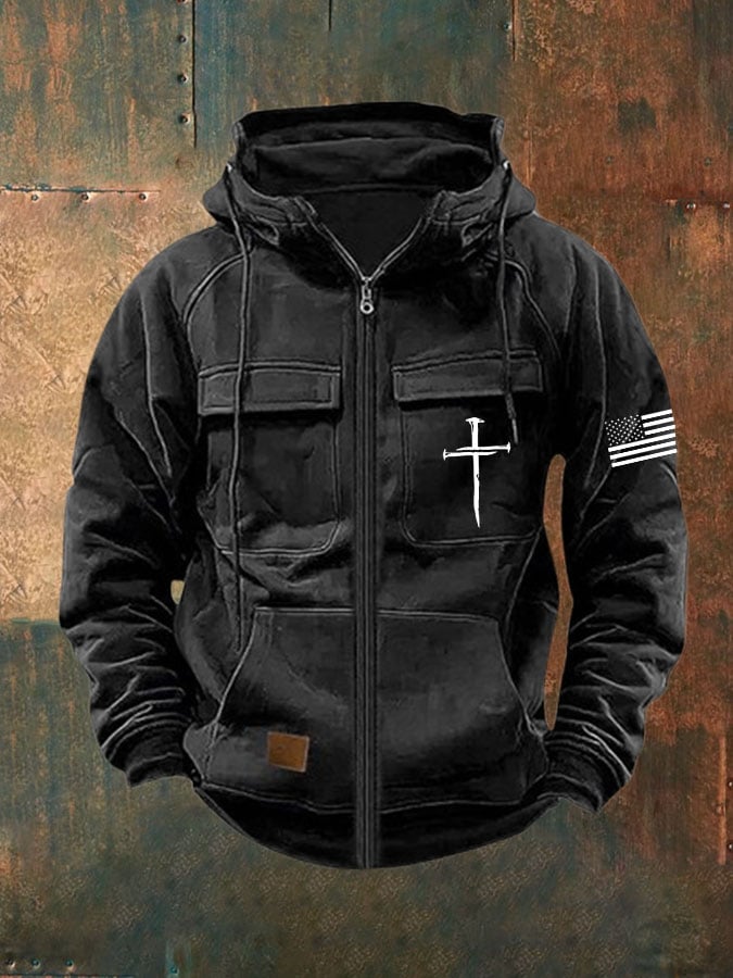 Men's Vintage Faith Cross Print Multi-Pocket Jacket